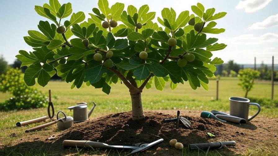 Well-maintained brown fig tree with gardening tools in a sunny garden".