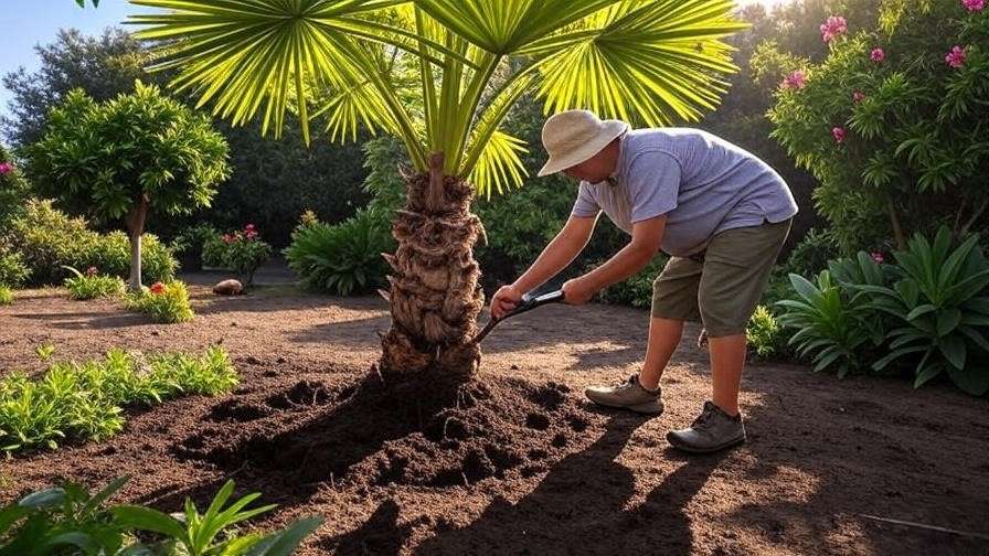 Gardener checking soil moisture near a palm tree root zone in a sunny garden