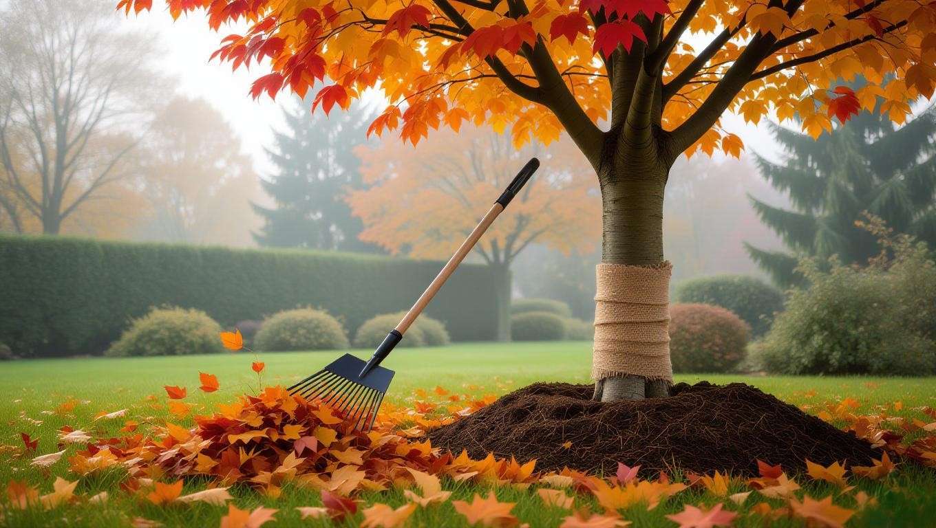 Cherry tree with autumn leaves and wrapped trunk in fall garden