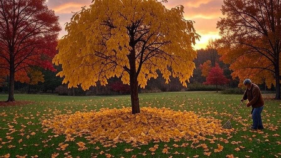 Gardener raking leaves around a weeping mulberry tree in a vibrant fall garden.