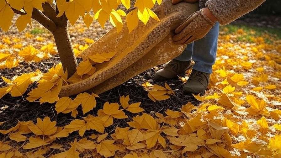 Yellow bloom tree in fall with mulch and burlap wrapping for winter protection.