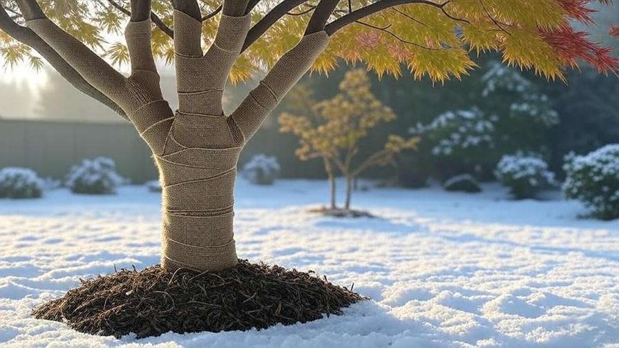 "Japanese maple tree laceleaf wrapped in burlap for winter protection with snow."