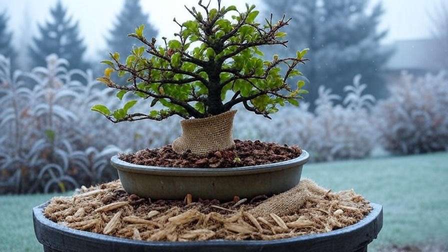 "Apple tree bonsai wrapped in burlap with mulch for winter protection in a frosty garden."