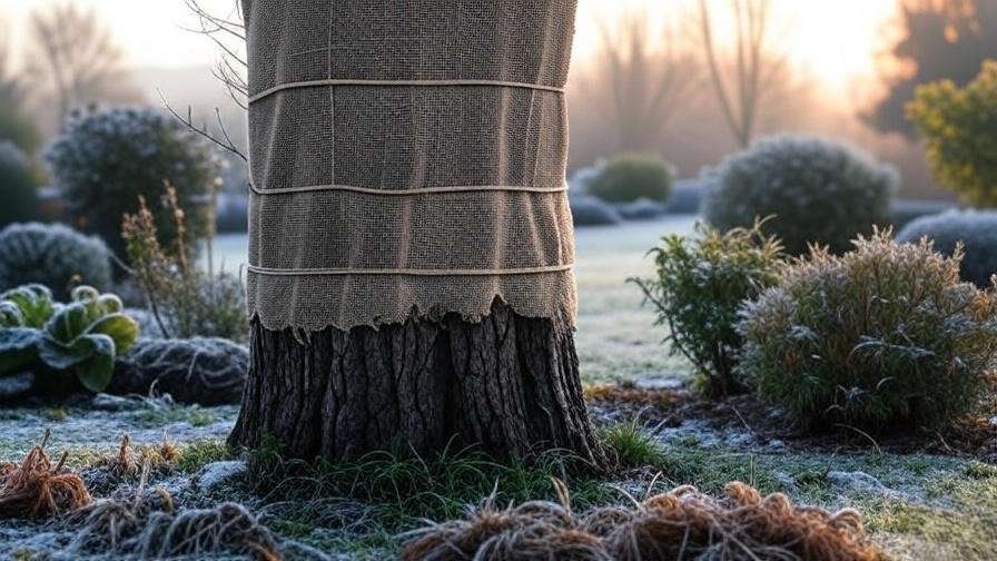 Jasper Tree wrapped in burlap for winter protection in a frosty garden."
