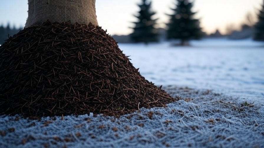 Mulching and burlap wrapping for Fir Tree Noble winter protection in snowy garden