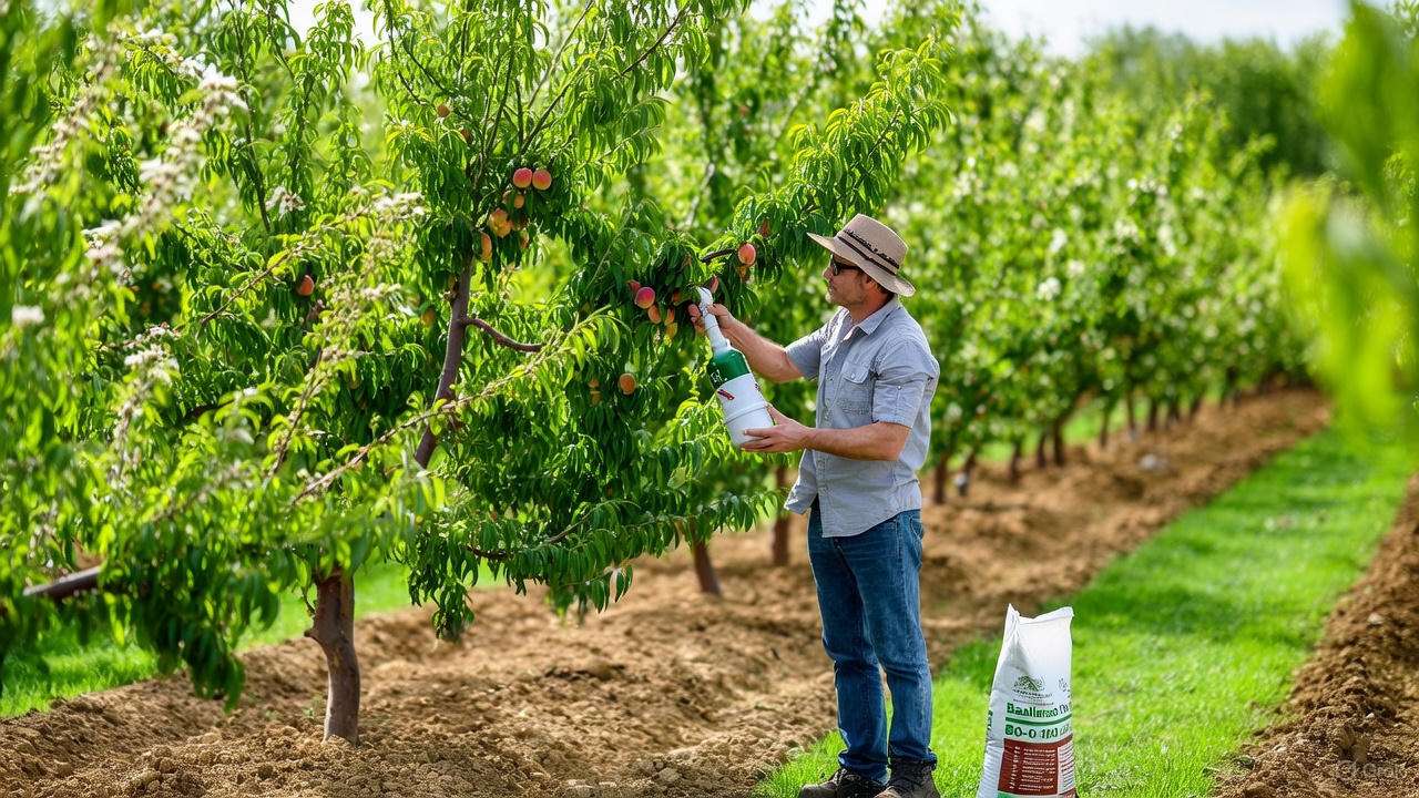 Gardener applying 10-10-10 fertilizer to a peach tree in a healthy orchard"