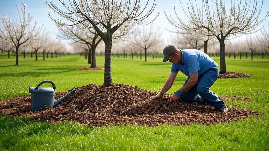 "Gardener mulching pruned cherry tree with watering can in sunny orchard."