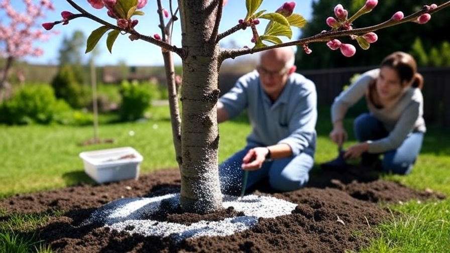 Gardener applying fertilizer to cherry tree with budding flowers in early spring."