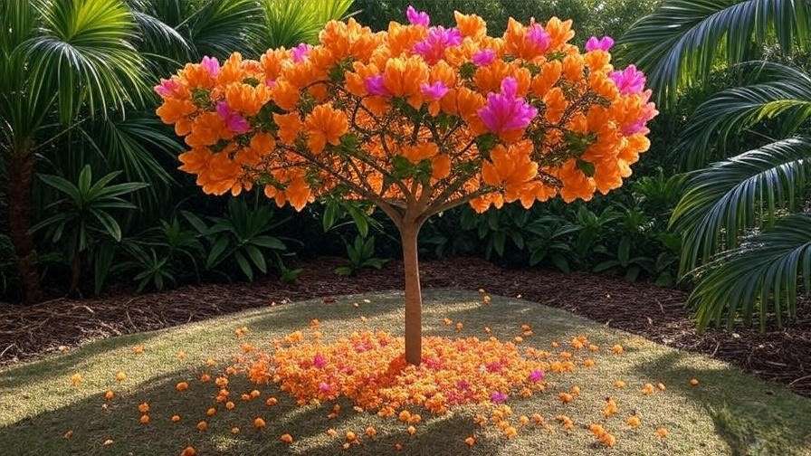 Bougainvillea tree with orange and pink bracts fertilized in a mulched garden bed.