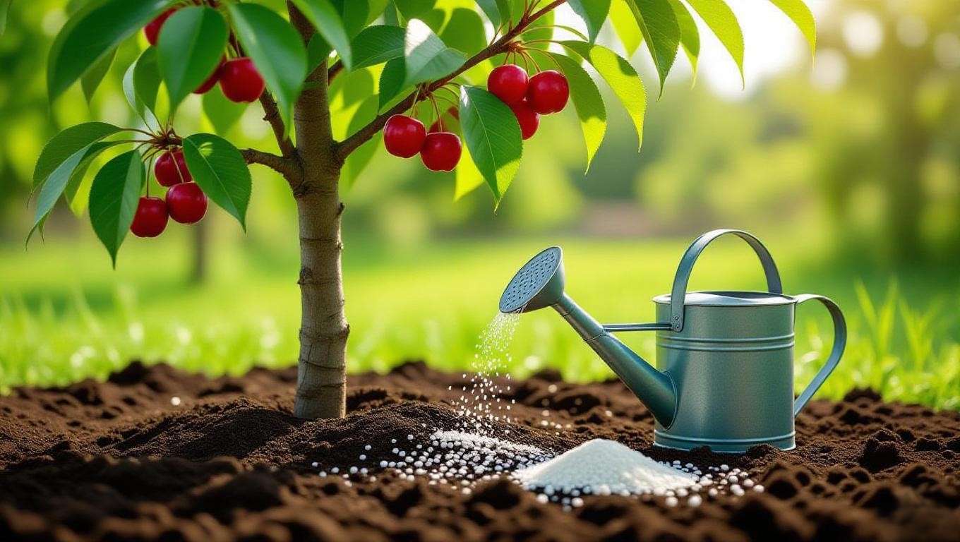 Applying nitrogen fertilizer to cherry tree drip line with watering ca