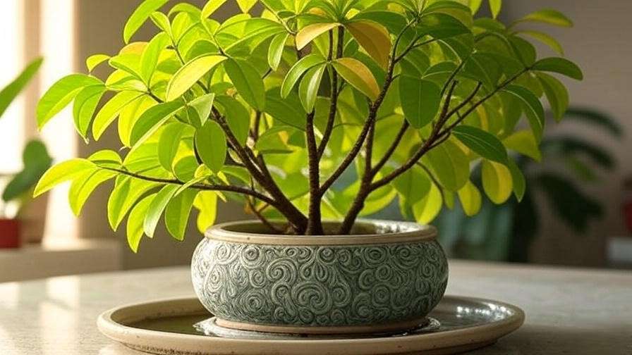Money tree with yellowing leaves due to overwatering, drainage tray nearby".