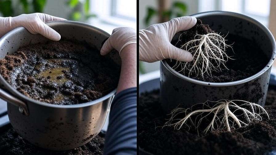 Repotting a Money Tree with soggy soil and adding fresh well-draining soil.