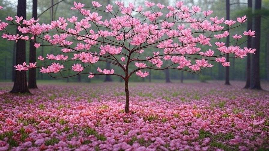 Flowering dogwood tree with pink bracts and fallen petals in a pine forest".