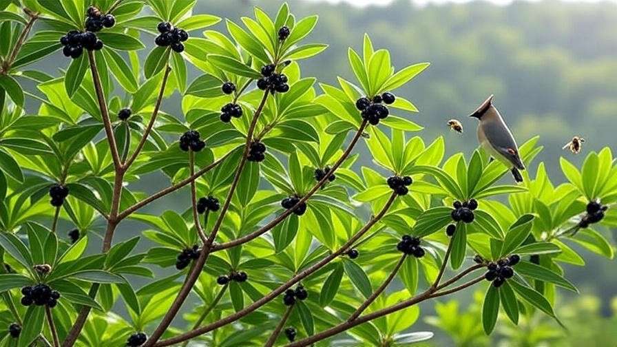 Cascara tree with ripe berries, birds, and bees in a thriving natural habitat."