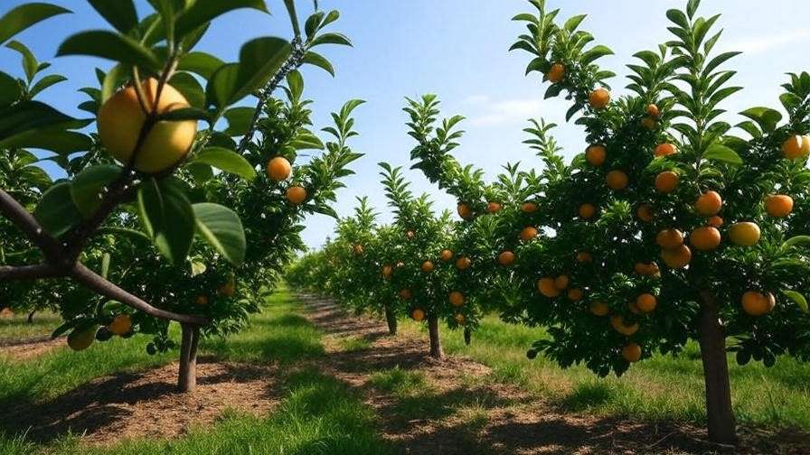 Thriving orchard with fruit trees under drip irrigation