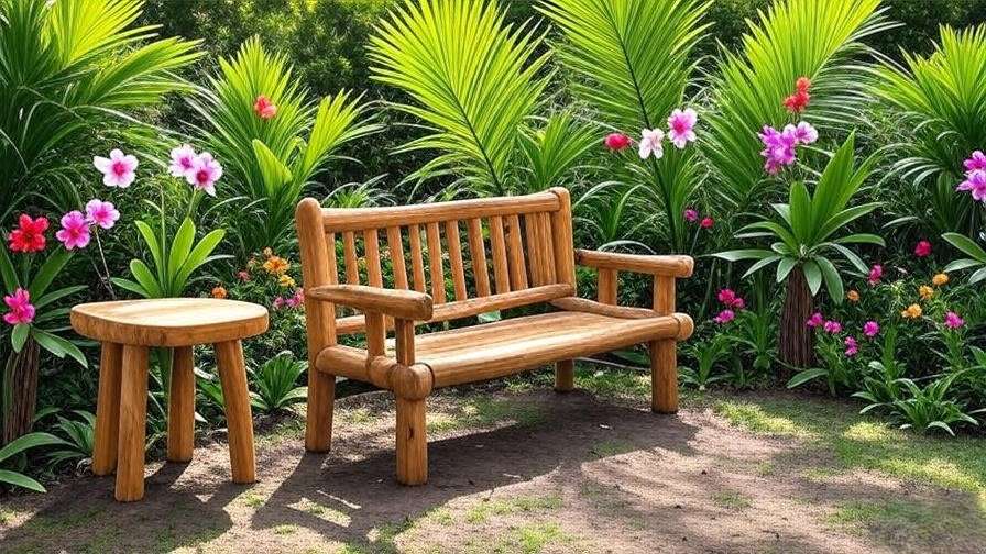Coconut palm wood bench and table in a tropical garden setting.