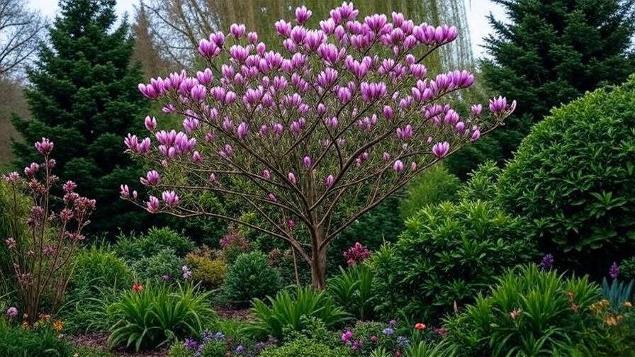Garden design with galaxy magnolia tree as focal point and evergreen shrubs."