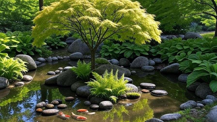 Japanese laceleaf maple tree in a serene garden with ferns and koi pond."