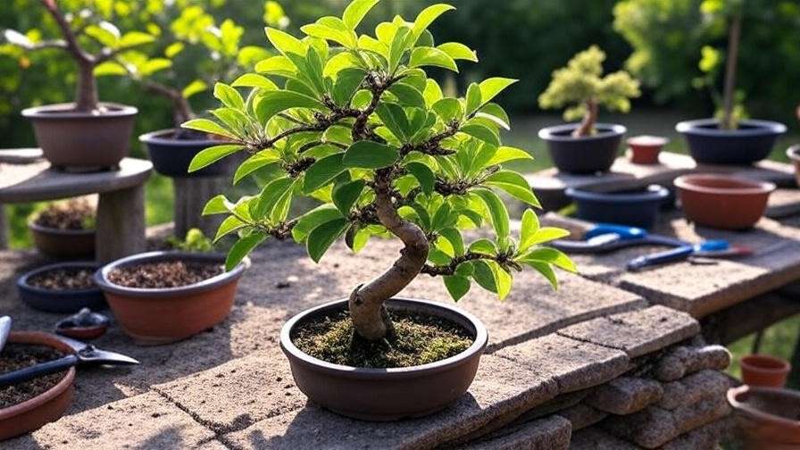 Young apple tree bonsai with green leaves in a sunny garden, surrounded by bonsai pots and pruning tools."
