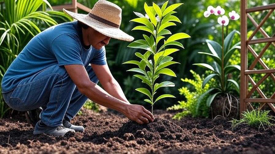 Gardener planting a young tumbo tree with compost and trellis in a tropical garden.