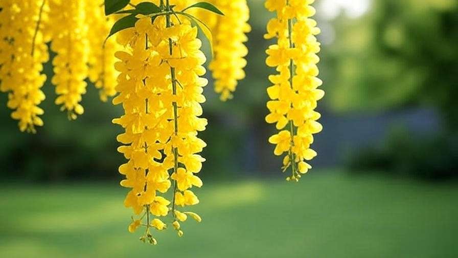 Close-up of Golden Chain Tree with cascading yellow flowers in a lush garden.