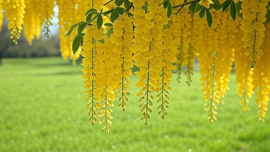 "Close-up of Golden Chain Tree with cascading yellow flowers in a sunny garden"