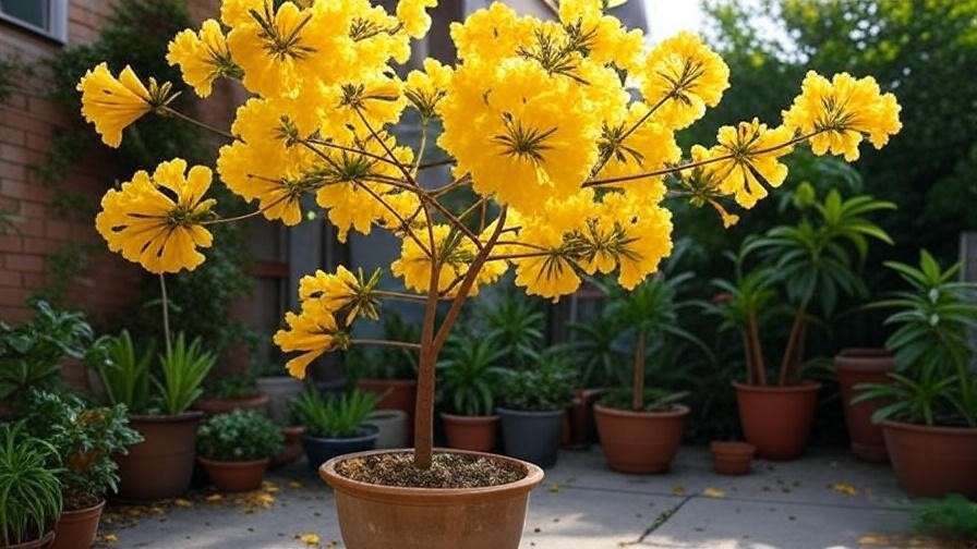 "Golden Trumpet Tree with yellow blooms in a compact urban patio garden."