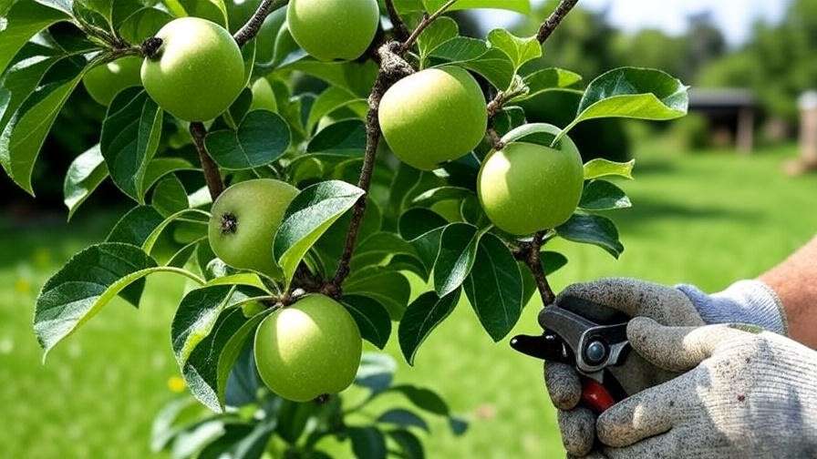 Close-up of a healthy green apple tree with ripe fruits and pruning in progress"
