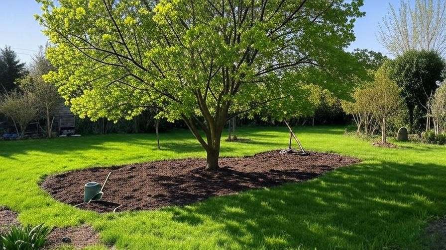 Magnolia tree in shaded soil and tulip tree in sunny fertile soil with garden tools"
