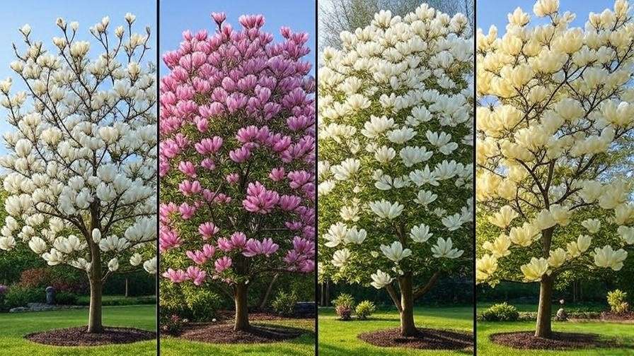 Illustration comparing Southern, saucer, star, and sweetbay magnolia trees with their unique blooms and heights."