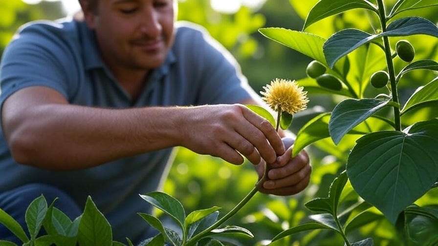 Gardener hand-pollinating a cheremoya flower with a soft brush in a gard