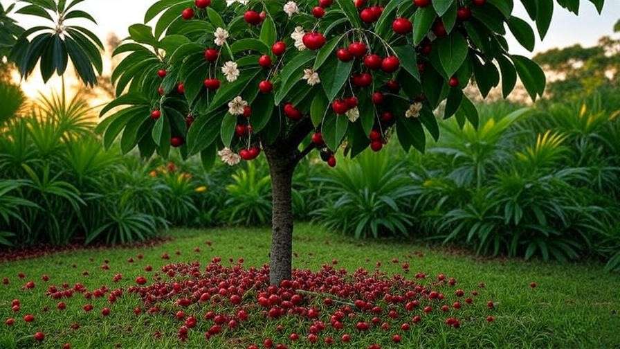 Lush Jamaican cherry tree with ripe red cherries and white flowers in a tropical garden at sunrise.