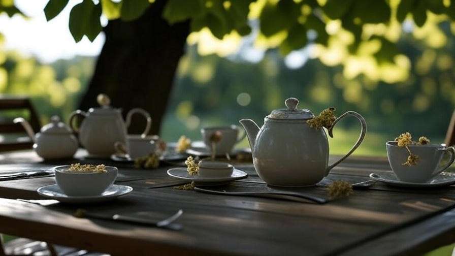 Table with dried linden flowers and teapot under a blooming linden tree.