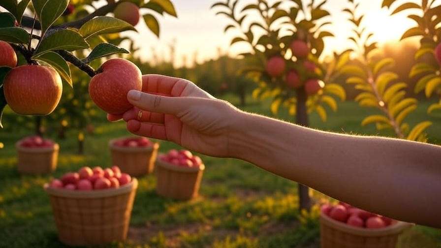 Harvesting ripe apples in a scenic orchard at sunset