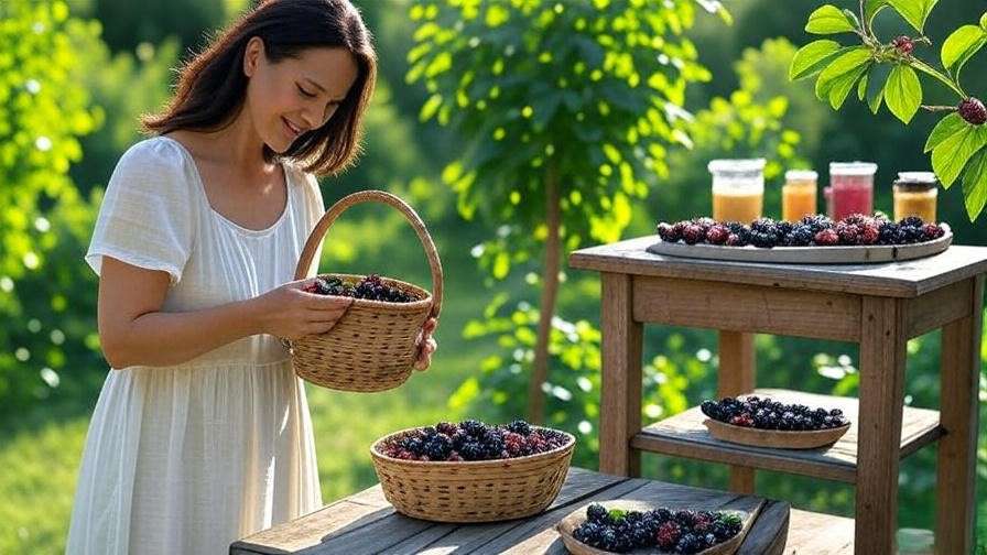 Harvesting ripe berries and preparing jams and smoothies in a sunny garden setting