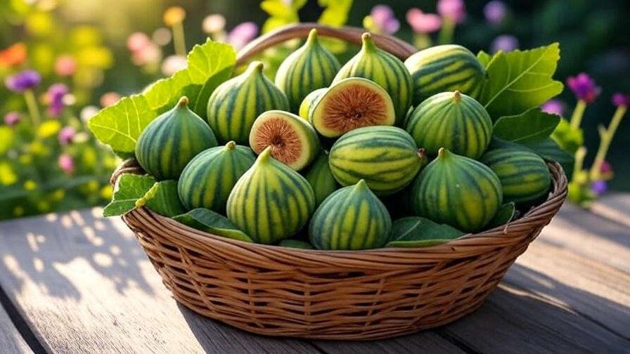 Basket of freshly harvested Panache figs with stripes on a rustic garden table".