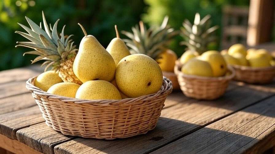 Basket of freshly harvested golden pineapple pears on a rustic table.