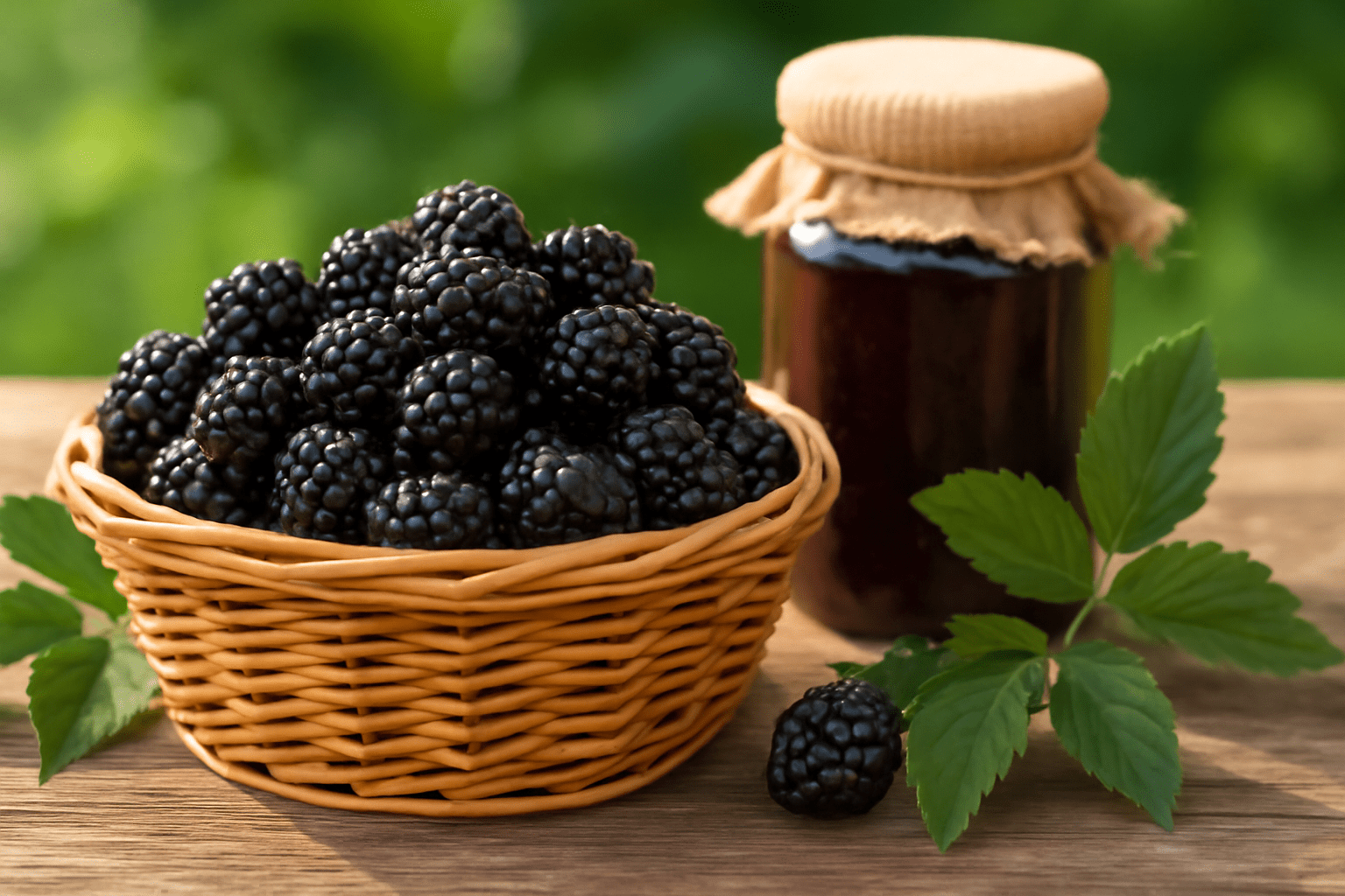 Freshly harvested Blackberry Ouachita berries with homemade jam on a rustic table."