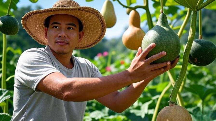 Person harvesting calabash fruit with crafted gourds in the background."