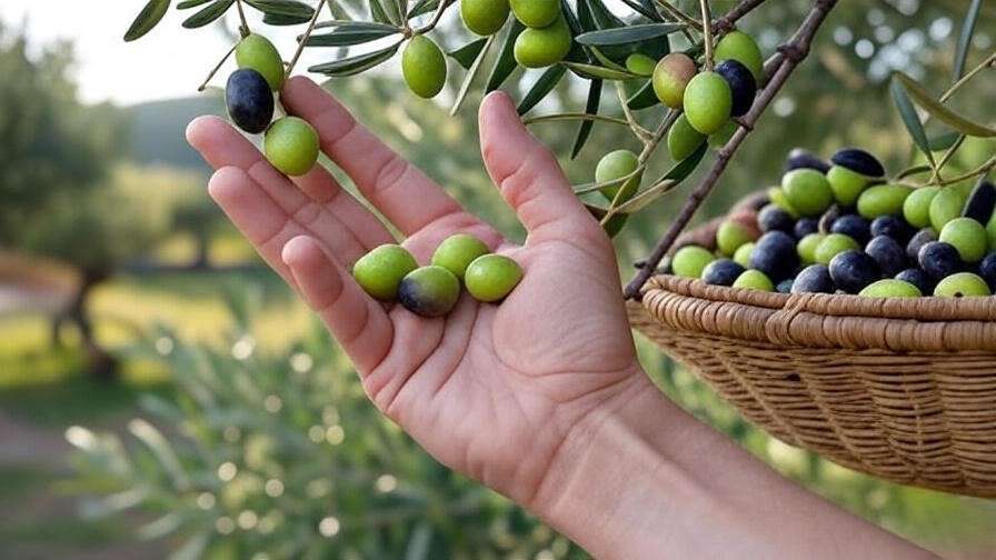 Hand picking ripe olives from an Olive Arbequina tree with a basket in a Mediterranean garden