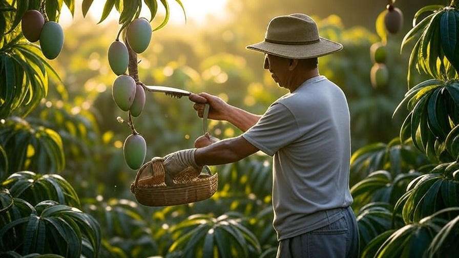Gardener harvesting ripe mangoes from a tree in a tropical orchard with golden sunlight