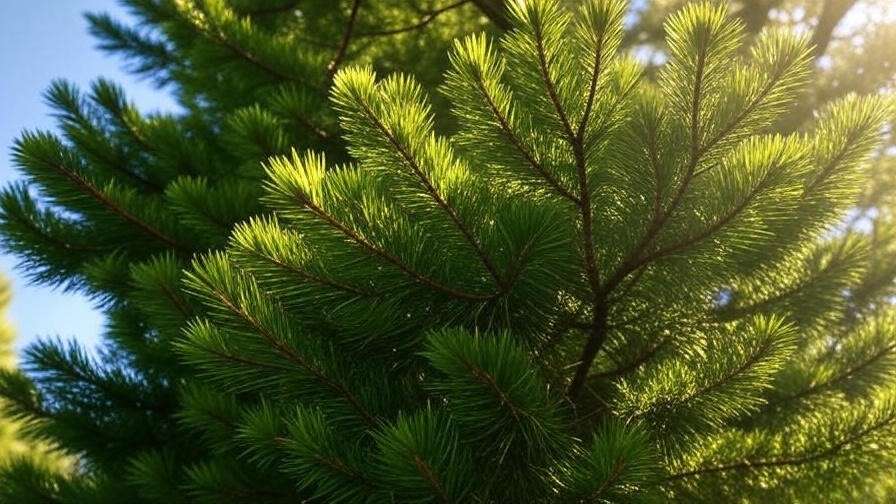Close-up of a healthy pine tree canopy with green needles and new candle growth in spring, showcasing the benefits of pruning.
