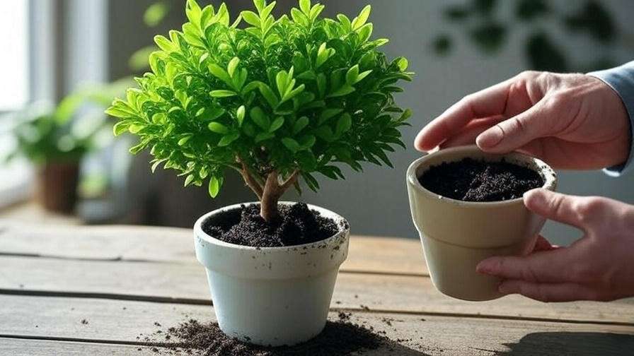 Money tree being repotted with fresh soil for transplant recovery".