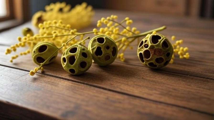 Comparison of healthy and damaged mimosa seed pods on a table."
