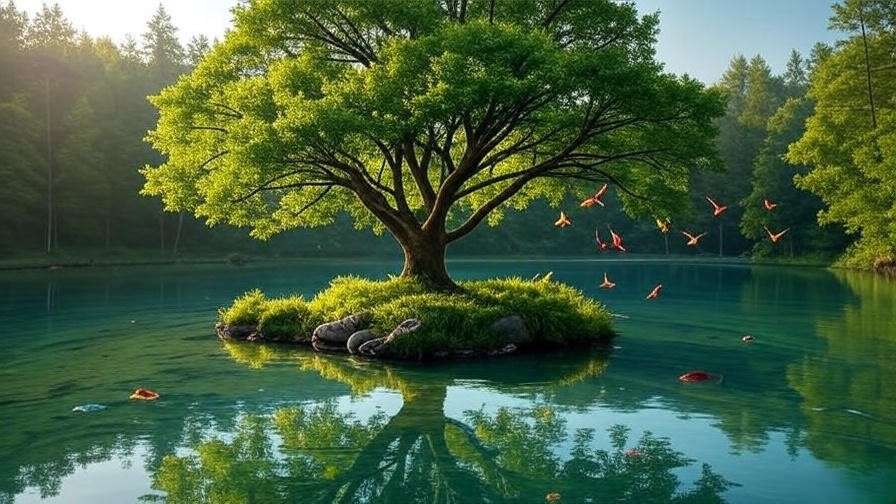 Vibrant ecosystem with tree by the water, birds, fish, and pollinators".