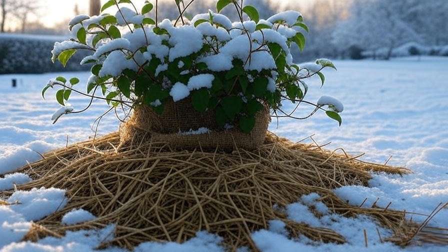 "Winter protection for alpine clematis with straw mulch and burlap in a snowy garden."