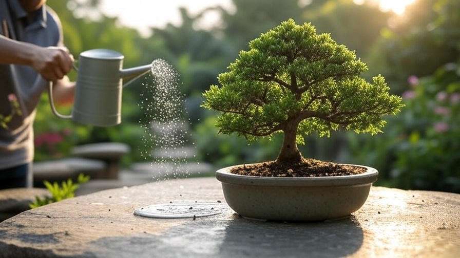 Bonsai tree in pot with watering can applying liquid fertilizer in a garden."