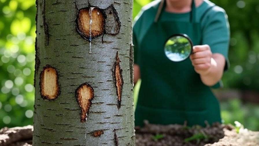 Gardener inspecting cherry tree bark damage with magnifying glass"