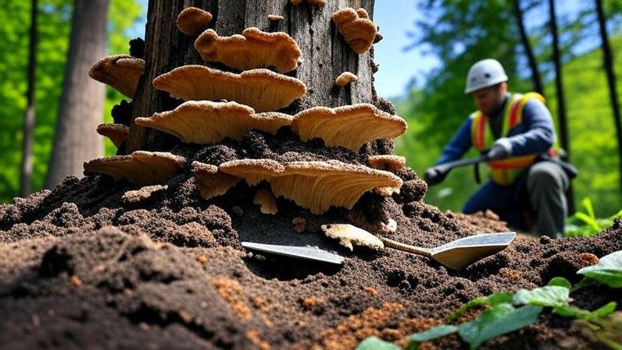 Arborist inspecting a rotten tree trunk with fungal growth and decayed wood for diagnosis".