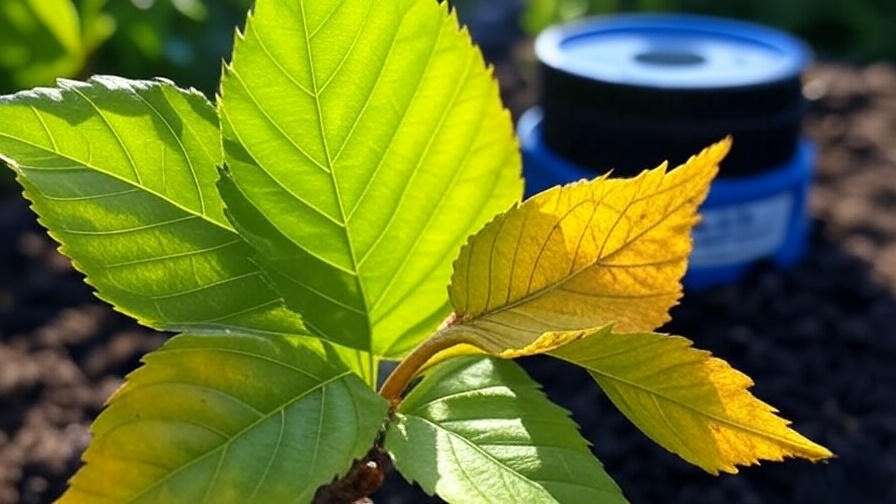 Close-up of wilting and healthy cherry tree leaves with soil moisture meter in garden".